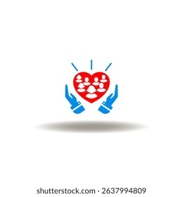 Vector illustration of hands palm care and heart with human group. Symbol of public health.