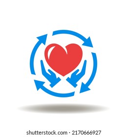 Vector Illustration Of Hands Palm With Heart And Round Arrows Of Process. Icon Of DEI Diversity Equity Inclusion. Symbol Of Charity, Hope, Tolerance, Kindness.