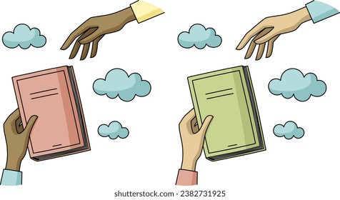 Vector illustration, hands passing a books. Studies, education, literature, learning and reading concept. Graphic image design for educational institution, bookstore, literary café