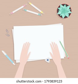 Vector illustration hands, pencils, sheets of paper and plant. Flat cartoon style, top view. For poster, design of page site, web and advertising banner, article, card or flyer, promotional, mailing.