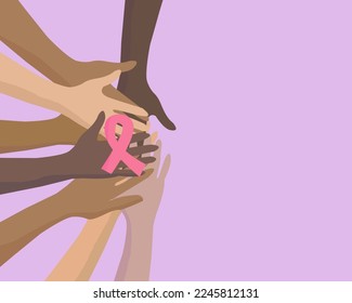 Vector Illustration, hands of people of all races united by cancer, on a pink background