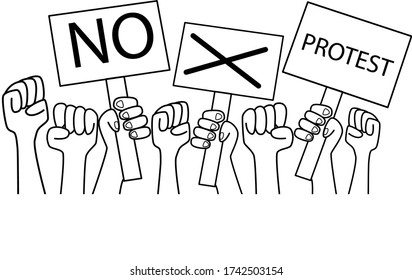 Vector illustration of hands of people holding posters with slogans, hands clenched in a fist. Black outline on a white background. Concept of protest, revolution, insurrection, rally