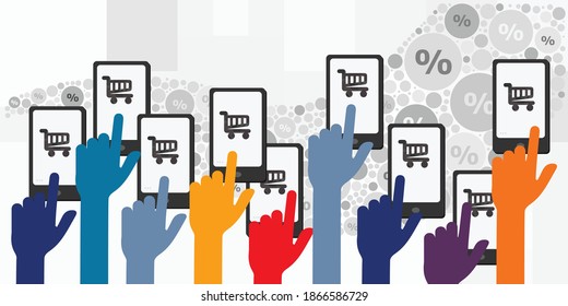 vector illustration of hands with phones for mobile shopping process and discount period