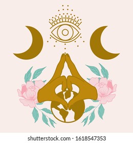vector illustration with hands, planet and golden galaxy, perfect to use on the web or in print