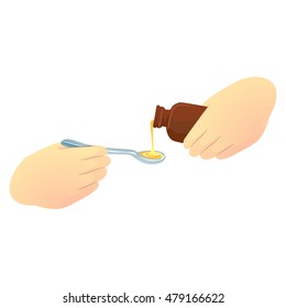 Vector Illustration Of Hands Pouring Medicine Syrup On  Spoon