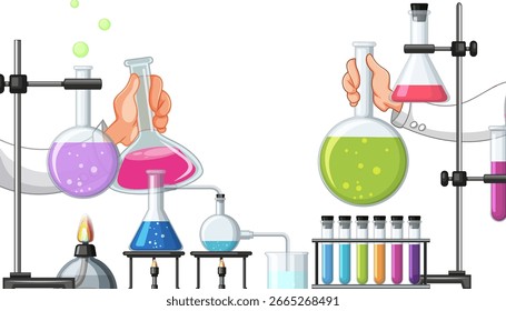 Ilustración vectorial de manos que vierten líquidos vibrantes en frascos y vasos de laboratorio, con tubos de ensayo, quemadores y equipos científicos sobre un fondo blanco