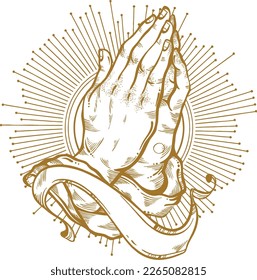 vector illustration of hands praying for God. hand drawing of jesus - black and gold vector