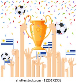 Vector illustration of hands raised by fans of football, support for players winning the tournament