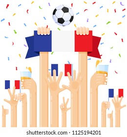Vector illustration of hands raised by fans of football, support for players winning the tournament