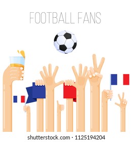 Vector illustration of hands raised by fans of football, support for players winning the tournament