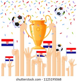 Vector illustration of hands raised by fans of football, support for players winning the tournament