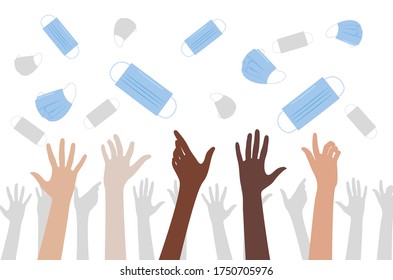 Vector illustration with hands raised up. Protesting people. Hands of different races throw up medical masks. Freedom from coronavirus.