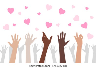 Vector Illustration With Hands Raised Up. Hands Of Different Races Catch Hearts. Illustration For The Day Of All Lovers.