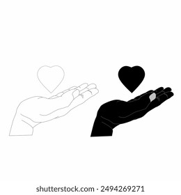 Ilustración vectorial de las manos levantando el corazón, símbolo del ícono del amor, ilustración del corazón en la mano, paz sobre fondo blanco