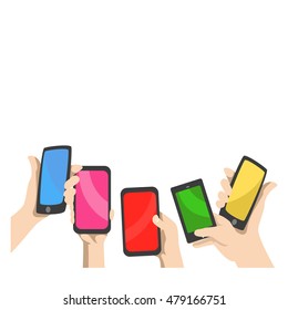 Vector Illustration of Hands raising Mobile Phones and Tablet