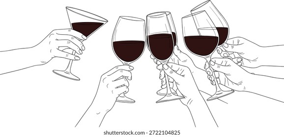 Ilustração vetorial de mãos levantando copos de vinho na torrada, esboço preto e branco para celebração,Ilustração vetorial de mãos levantando copos de vinho na torrada, esboço preto e branco para celebração,