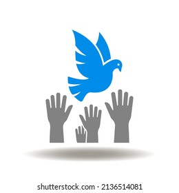 Vector illustration of hands reach for dove. Icon of hope, kindness, charity, peace. Symbol of no, stop war.