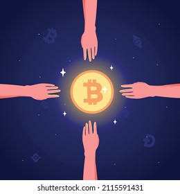 Vector illustration hands reaching bitcoin cryptocurrency isolated on blue background.