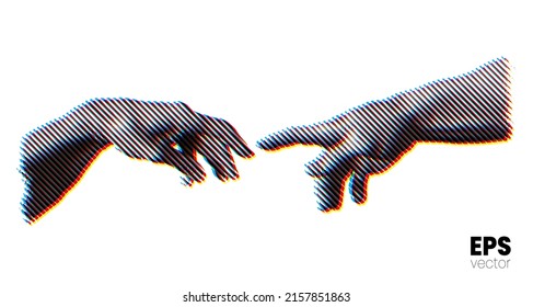 Vector illustration of hands reaching out for touch in RGB color offset tilted line halftone vintage style design isolated on white background.