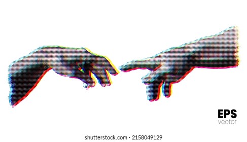 Vector Illustration Of Hands Reaching Out For Touch In RGB Color Offset Dot Halftone Vintage Style Design.