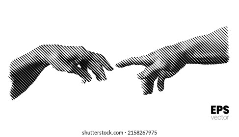 Vector illustration of hands reaching out for touch in black tilted line halftone vintage style design isolated on white background.