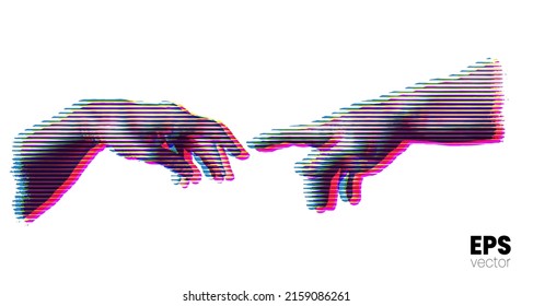 Vector illustration of hands reaching out for touch in RGB color offset horizontal line halftone vintage style design isolated on white background.