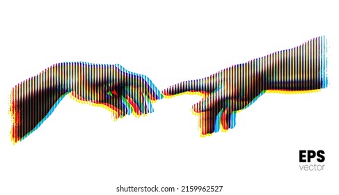 Vector illustration of hands reaching out for touch in RGB color offset vertical line halftone vintage style design isolated on white background.