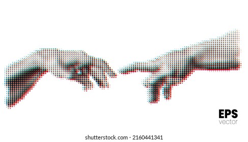 Vector illustration of hands reaching out for touch in  RGB color offset dot halftone vintage style design.