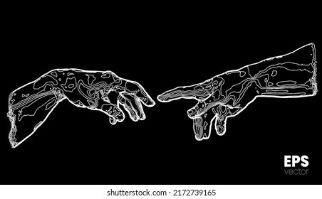 Vector illustration of hands reaching out for touch in white relief curves halftone vintage style design isolated on black background.