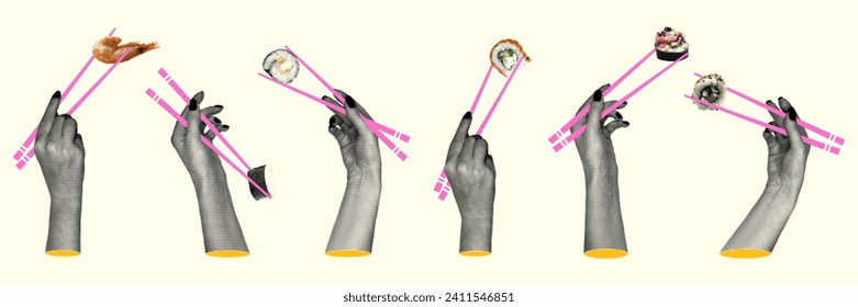 Vector illustration of hands with rolls in different positions with a halftone effect. Rolls in retro collage style. Elements for advertising a sushi bar, menu, Japanese food restaurant.