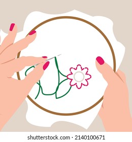 Vector illustration - hands with round wooden hoops and with a thread with a needle embroider a pink flower on a white fabric close-up. Concept hobby and craft