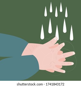 Vector illustration of hands rubbing and drops of water concept of good hand washing to scrub away covid-19 coronavirus to prevent and stop the virus spreading
