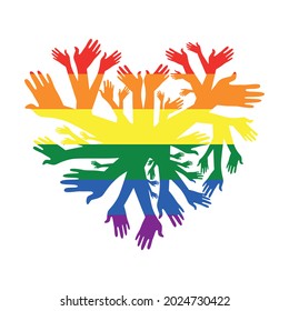 Vector illustration. Hands in the shape of a heart, rainbow colors