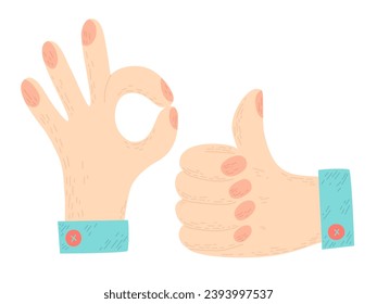 La ilustración vectorial de las manos muestra la llave y el pulgar hacia arriba. Carteles de acuerdo 