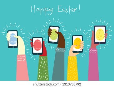 Vector illustration of hands up with the smart phones with eggs. Easter street event, festival and fair banner, poster design in the flat style