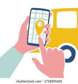 Vector illustration of hands, smartphone with geolocation and taxi car icon. Flat drawing mobile application with location tag on a city map and a yellow car.