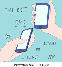 Vector illustration with hands and smartphones