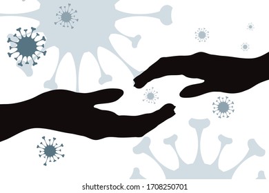 Vector illustration of hands spreading virus sign in air. Symbol of disease and coronavirus.