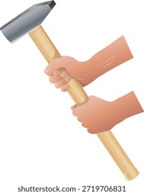 Ilustración vectorial de manos balanceando un martillo de trineo con una vista lateral de mango de madera. 