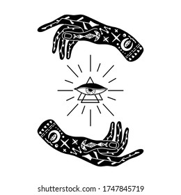 Vector illustration of hands with tattoos, an alchemy symbol with a triangle and an eye with rays. abstract graphics with occult and mystical signs. Hand-drawn style. a spiritual intention. The