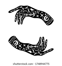 Vector illustration of hands with tattoos, an alchemy symbol moon and eye . abstract graphics with occult and mystical signs. Hand-drawn style. a spiritual intention. The concept of magic