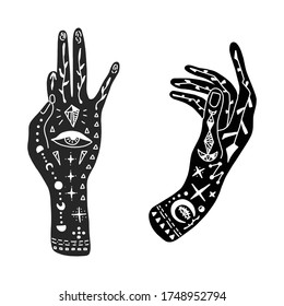 Ilustración vectorial de las manos con tatuajes, símbolo de alquimia, luna y ojo. gráficos abstractos con señales ocultas y místicas. Estilo dibujado a mano. una intención espiritual. El concepto de magia