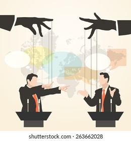 Vector Illustration Of Hands That Control The Speaker, Behind A Podium On The World Map Background, Like Puppet In A Flat Style. Debate Two Speakers. Political Speeches, Debates, Rhetoric, Set