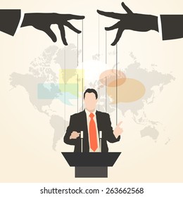 Vector illustration of hands that control the speaker behind a podium on the world map background, like a puppet in a flat style.