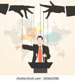 Vector illustration of hands that control the speaker behind a podium on the world map background, like a puppet in a flat style.