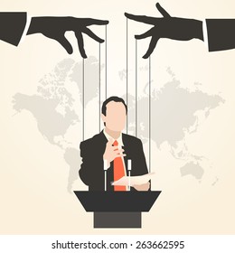 Vector illustration of hands that control the speaker behind a podium on the world map background, like a puppet in a flat style.