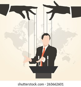 Vector illustration of hands that control the speaker behind a podium on the world map background, like a puppet in a flat style.