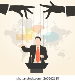 Vector illustration of hands that control the speaker behind a podium on the world map background, like a puppet in a flat style.