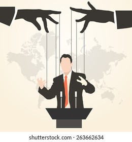 Vector illustration of hands that control the speaker behind a podium on the world map background, like a puppet in a flat style.