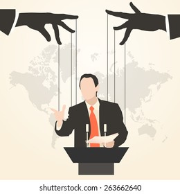 Vector illustration of hands that control the speaker behind a podium on the world map background, like a puppet in a flat style.